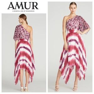 AMUR Saanvi One-Shoulder Mix-Print Chiffon Midi Dress